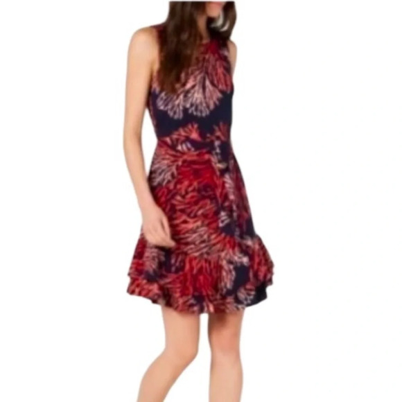 Michael Michael Kors Coral Sea Print Belted Mini Dress Ruffle Hem Navy Size XS - Picture 2 of 11